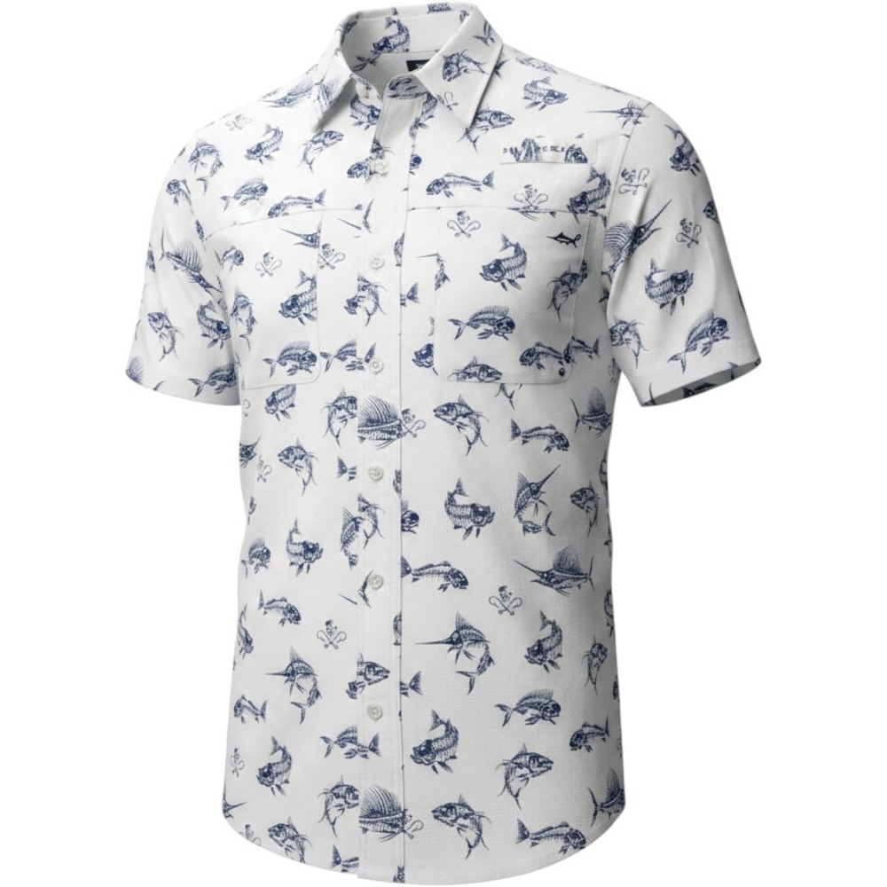 Salt Life Shirt Mens Small Off White Blue SLX Performance Fish Skeleton S/S